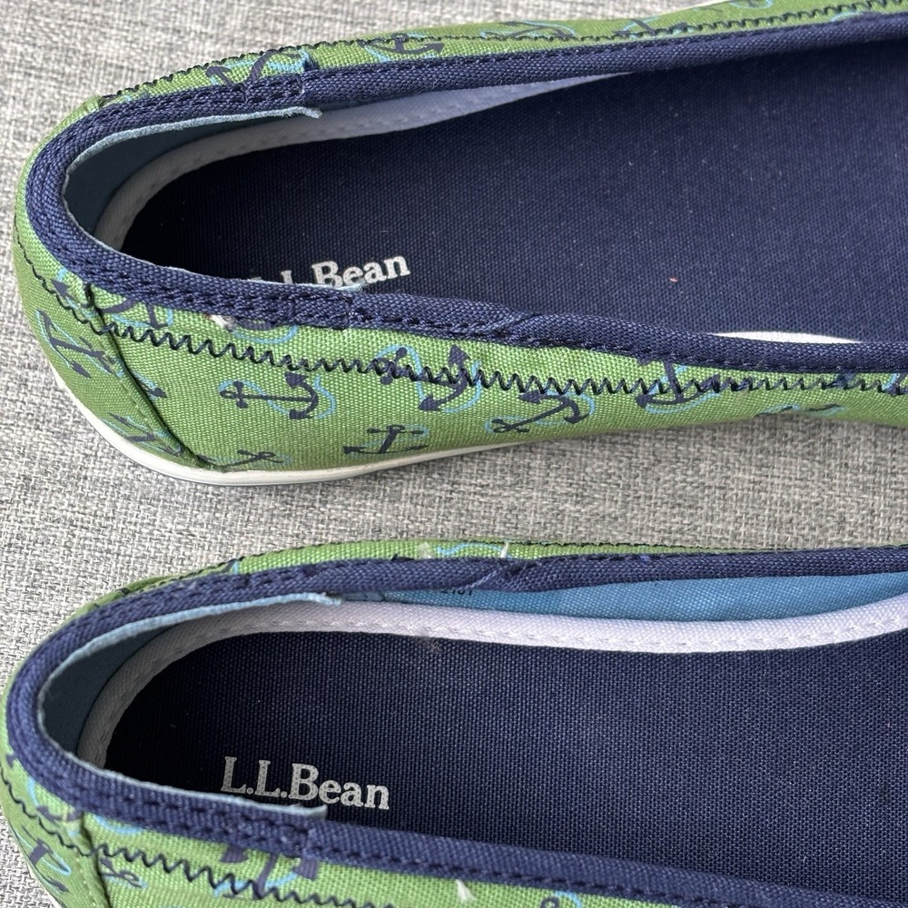 L.L. Bean Women's 8W Boat Sneaker Shoes Canvas Green Blue Nautical Anchors - Picture 9 of 14